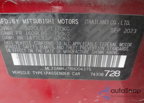 2024 Mitsubishi Mirage Black Edition/Ralliart/Se из США, поврежденный, VIN ML32AWHJ7RH004375